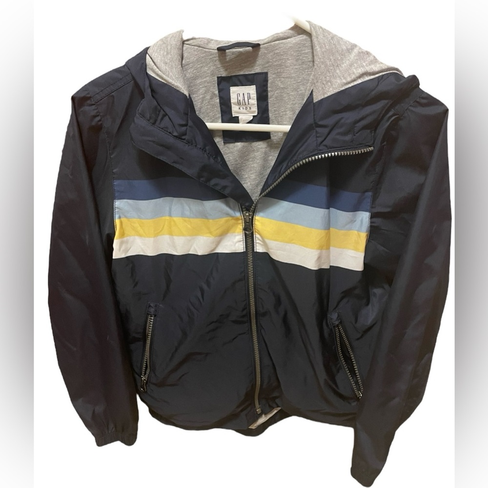 Gap Kids Boys’ Size 10 (Large) Navy Striped Spring/Fall Hooded Jacket